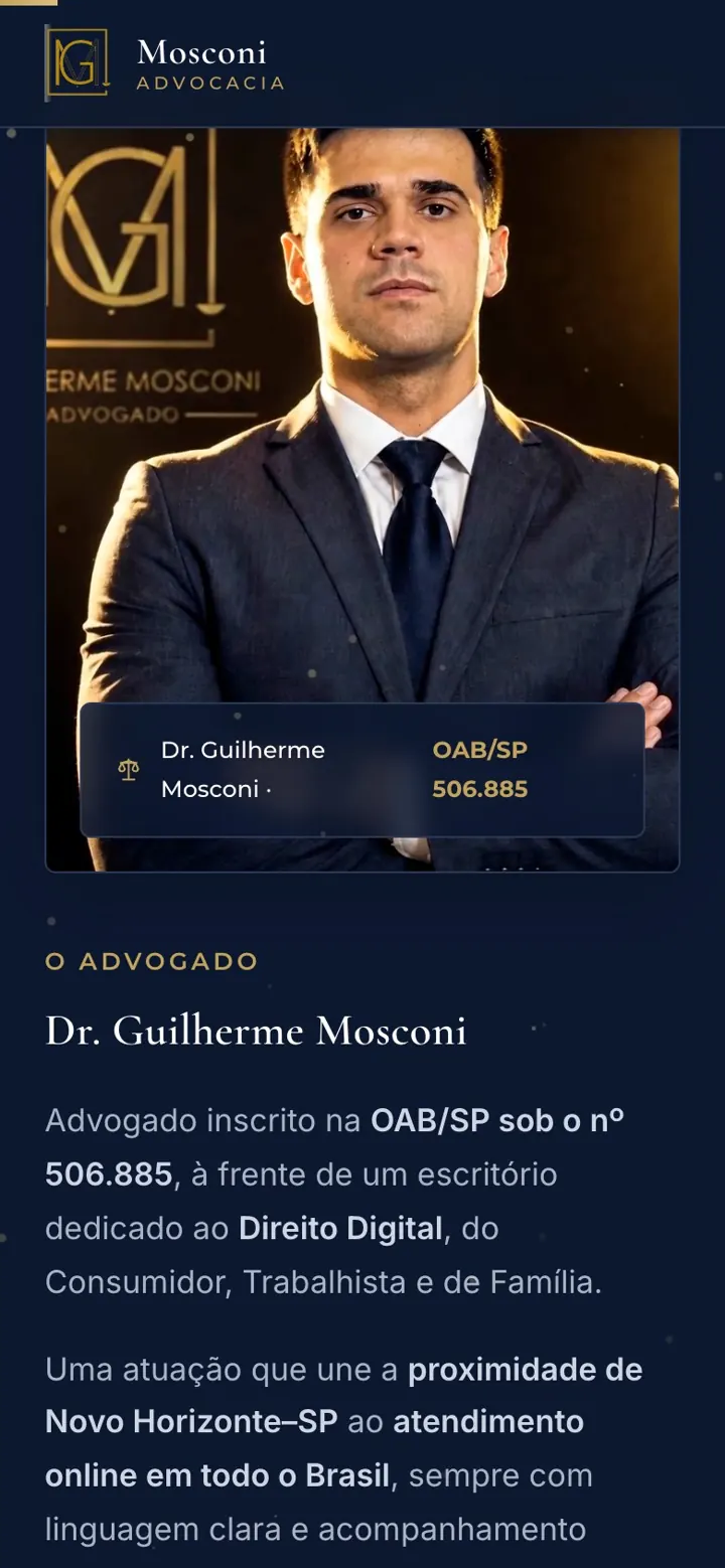 Site da Mosconi Advocacia no celular, com o Dr. Guilherme Mosconi